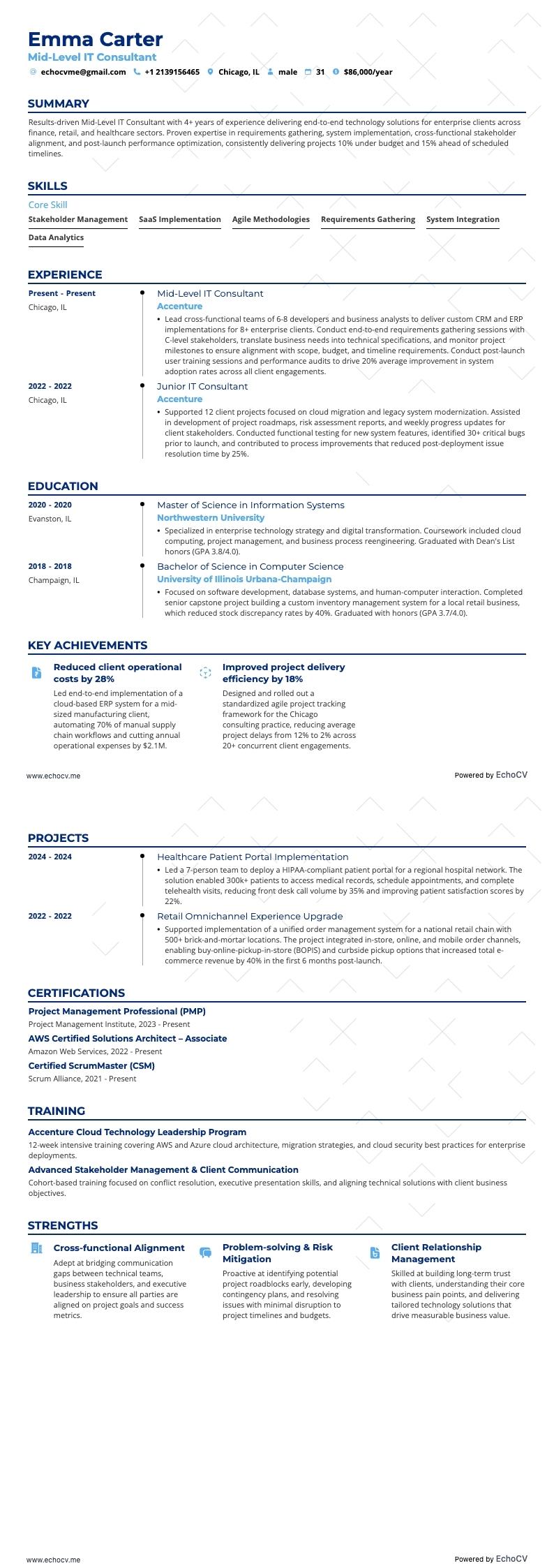 Accenture Mid-Level IT Consultant example resume