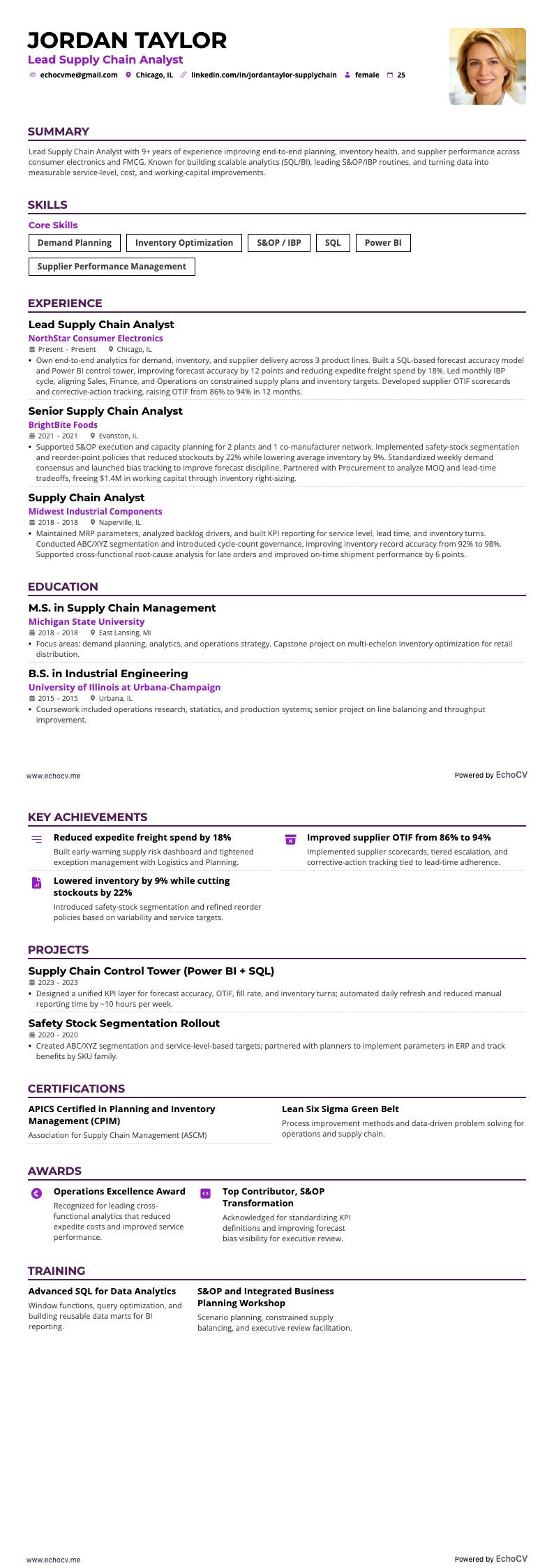 Analyste principal de la chaîne logistique example resume