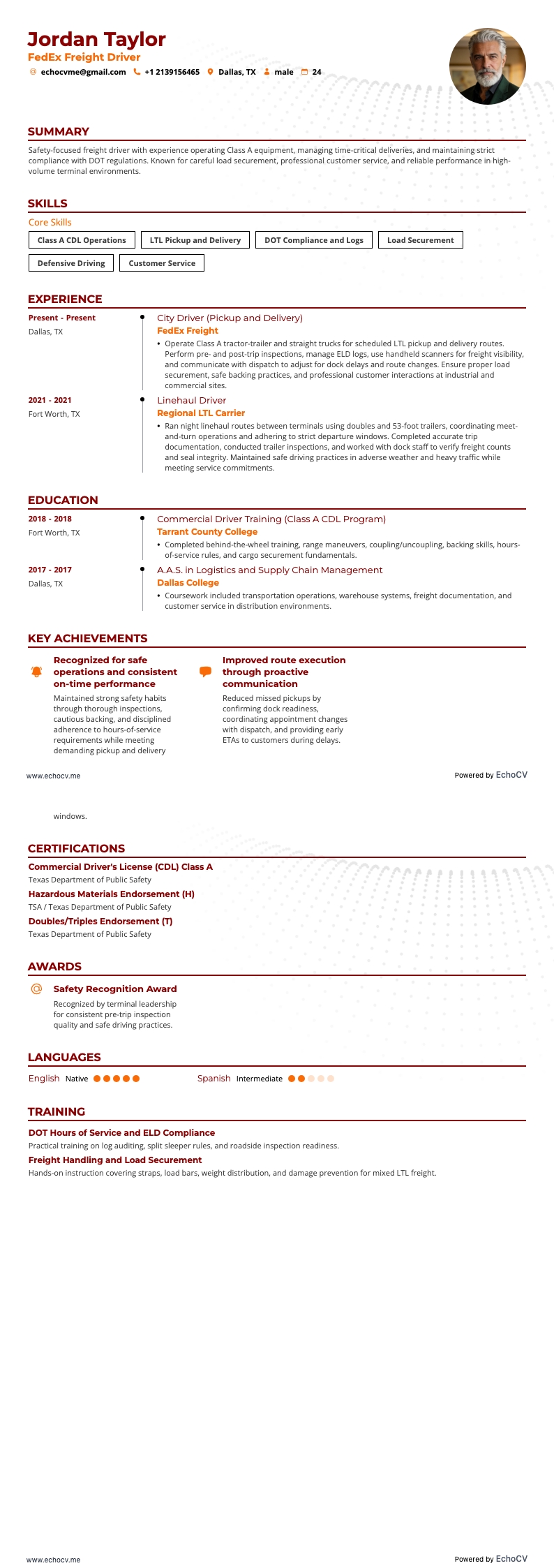 FedEx Freight Driver example resume