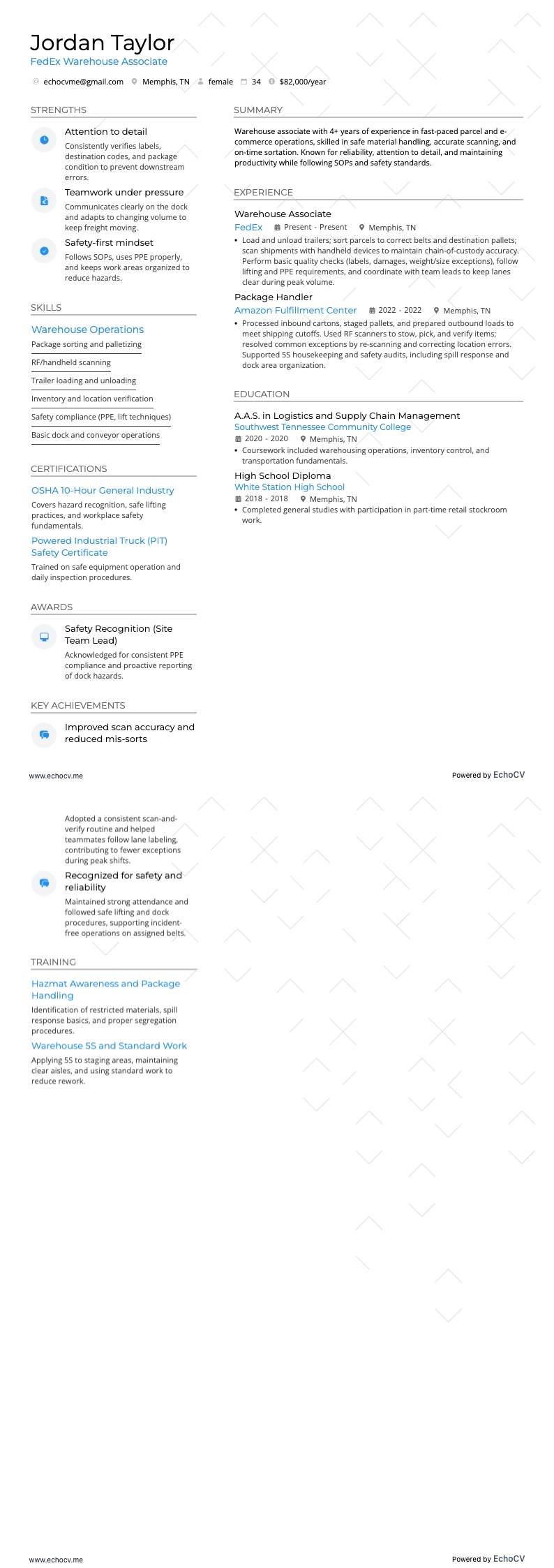 FedEx Warehouse Associate example resume
