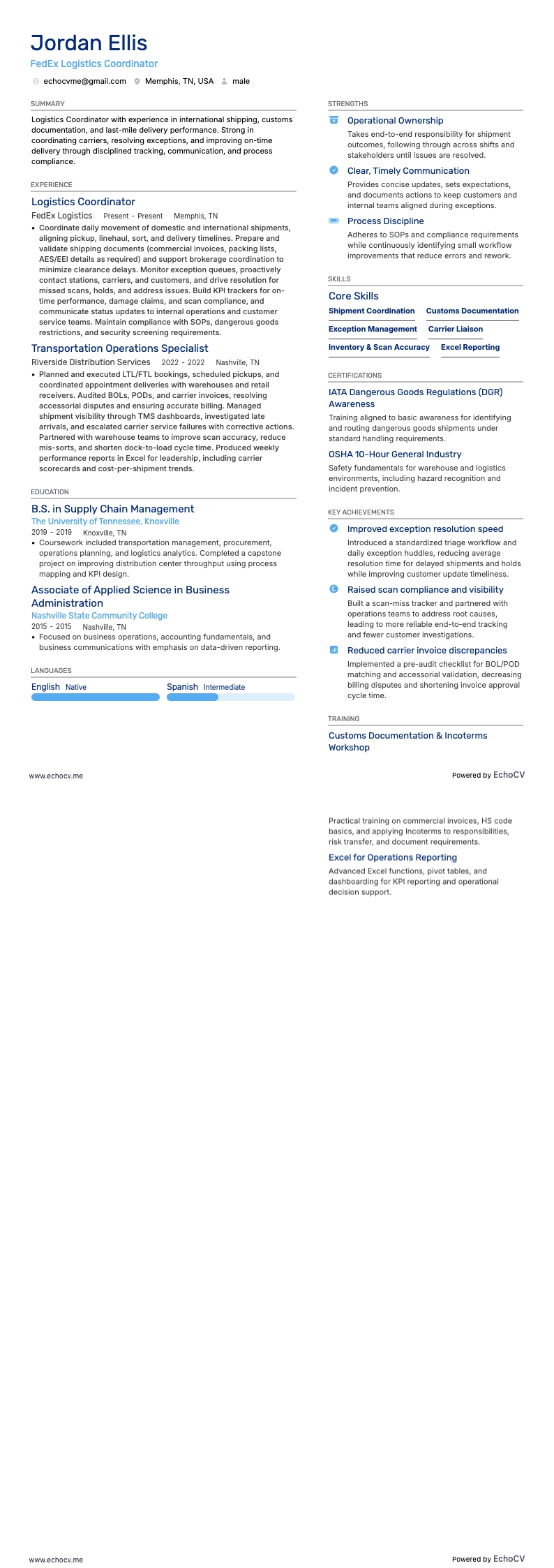 FedEx Logistics Coordinator example resume