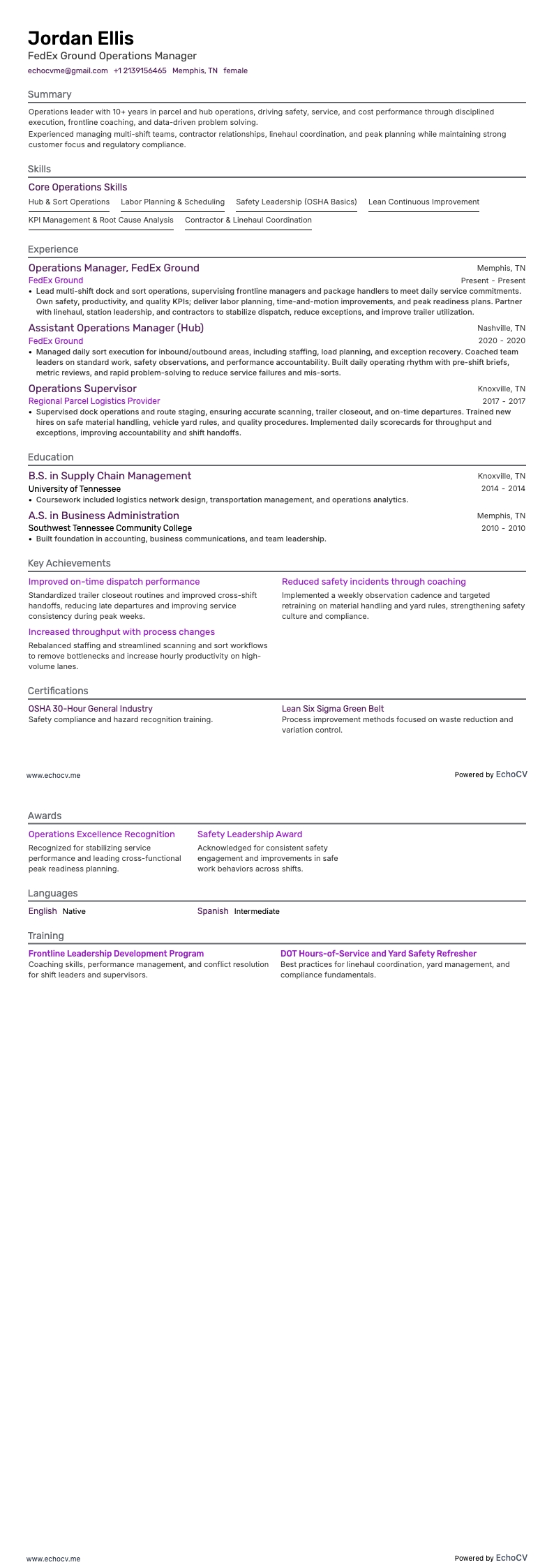 FedEx Ground オペレーションマネージャー