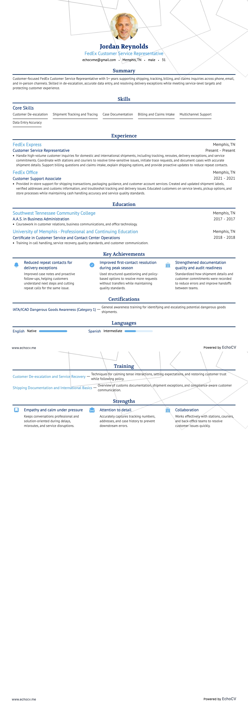 FedEx Customer Service Representative example resume
