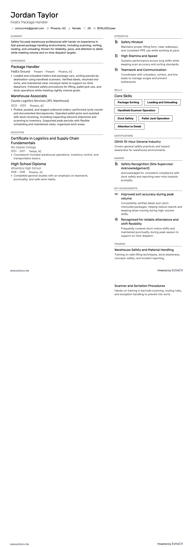 FedEx Package Handler example resume