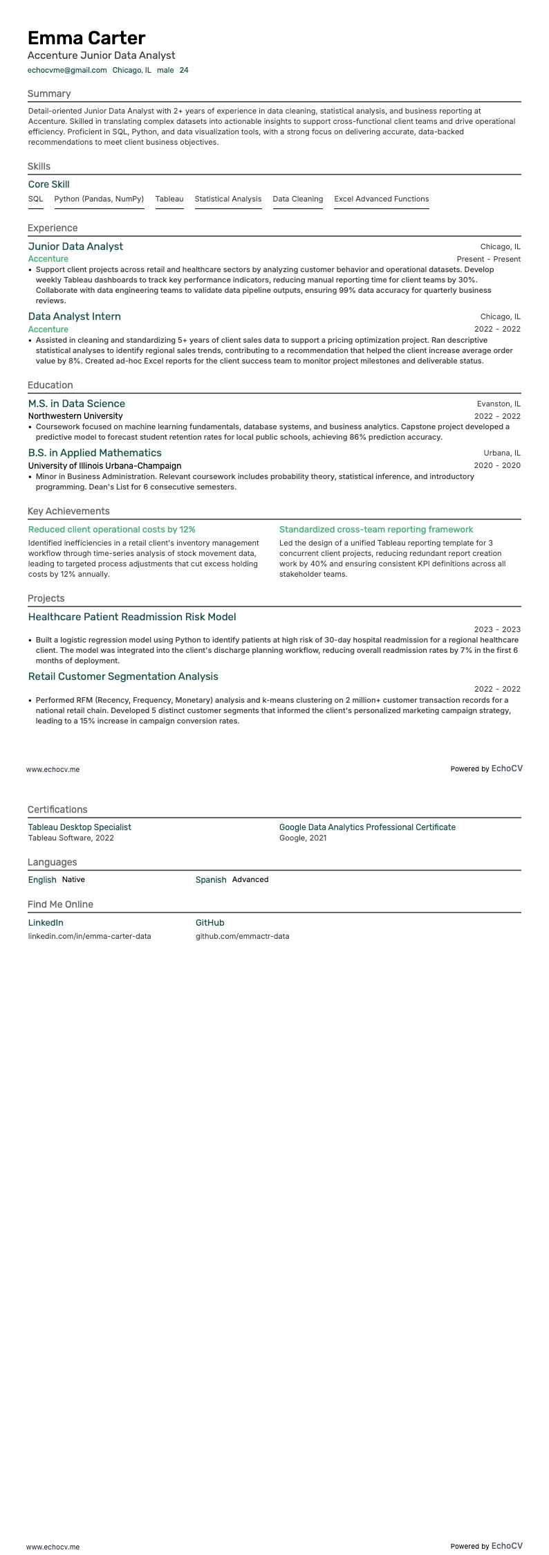 Accenture Junior Data Analyst example resume