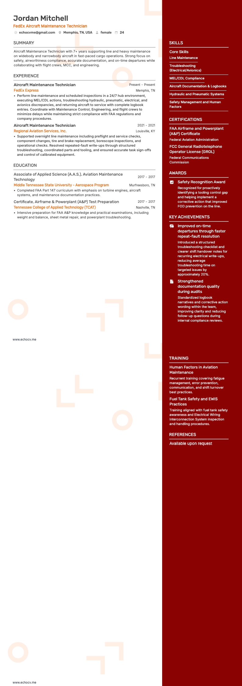 FedEx Aircraft Maintenance Technician example resume