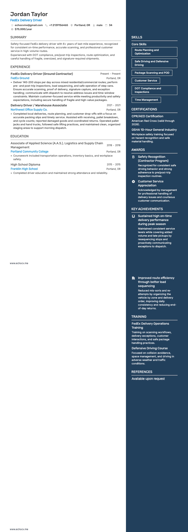 FedEx Delivery Driver example resume