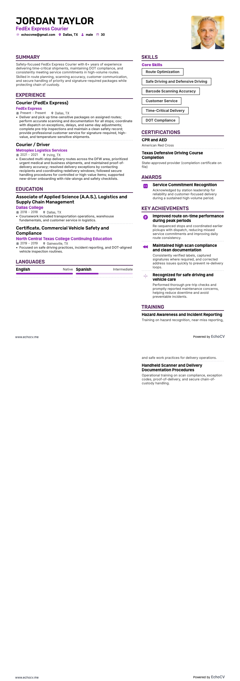 FedEx Express Courier example resume