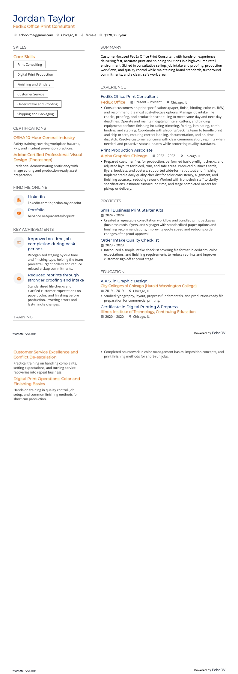 FedEx Office Print Consultant example resume