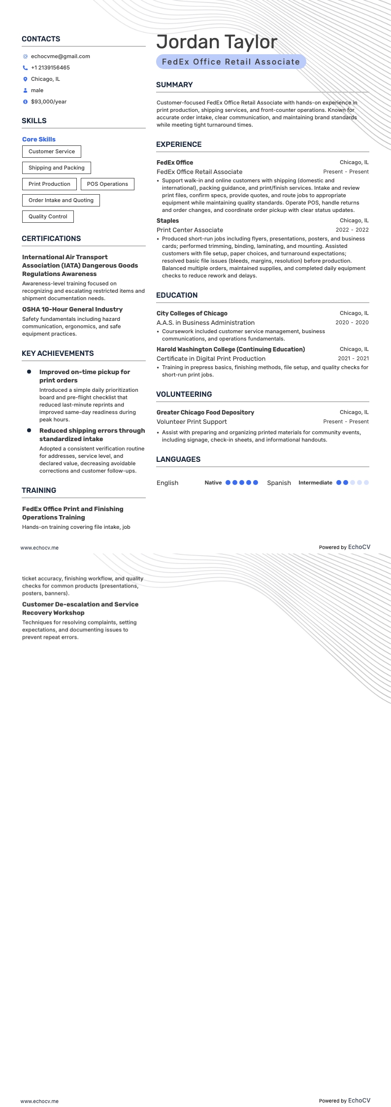 FedEx Office Retail Associate example resume