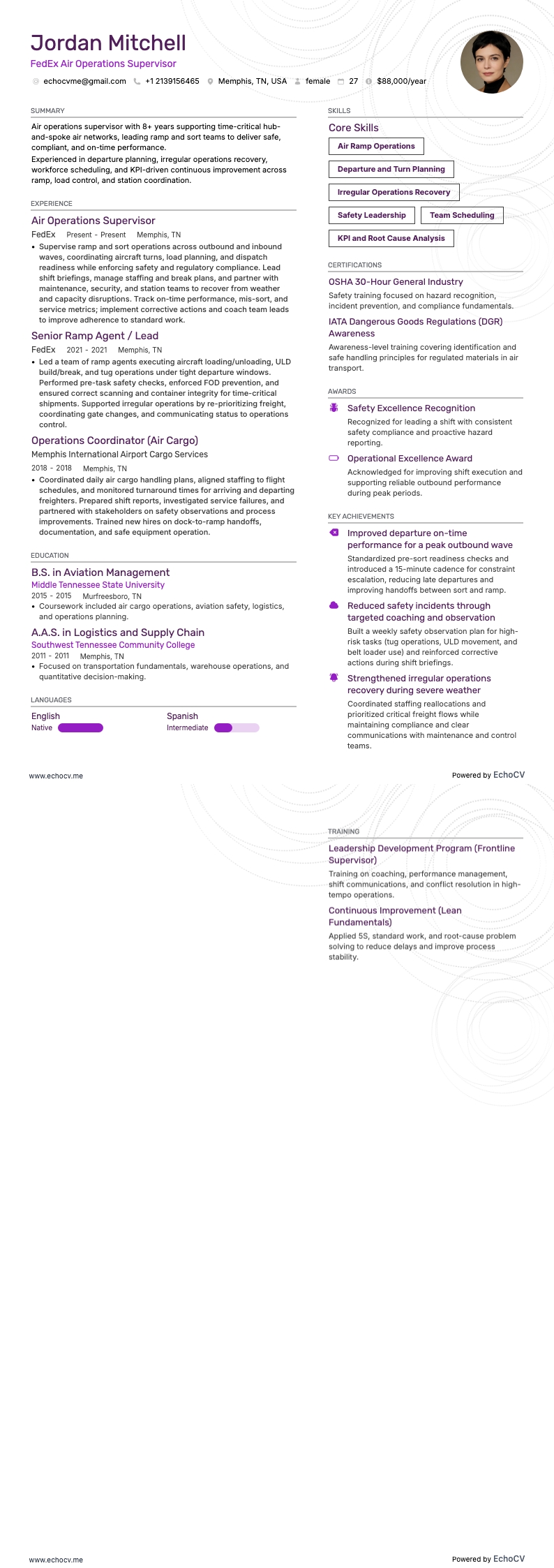 FedEx Air Operations Supervisor example resume