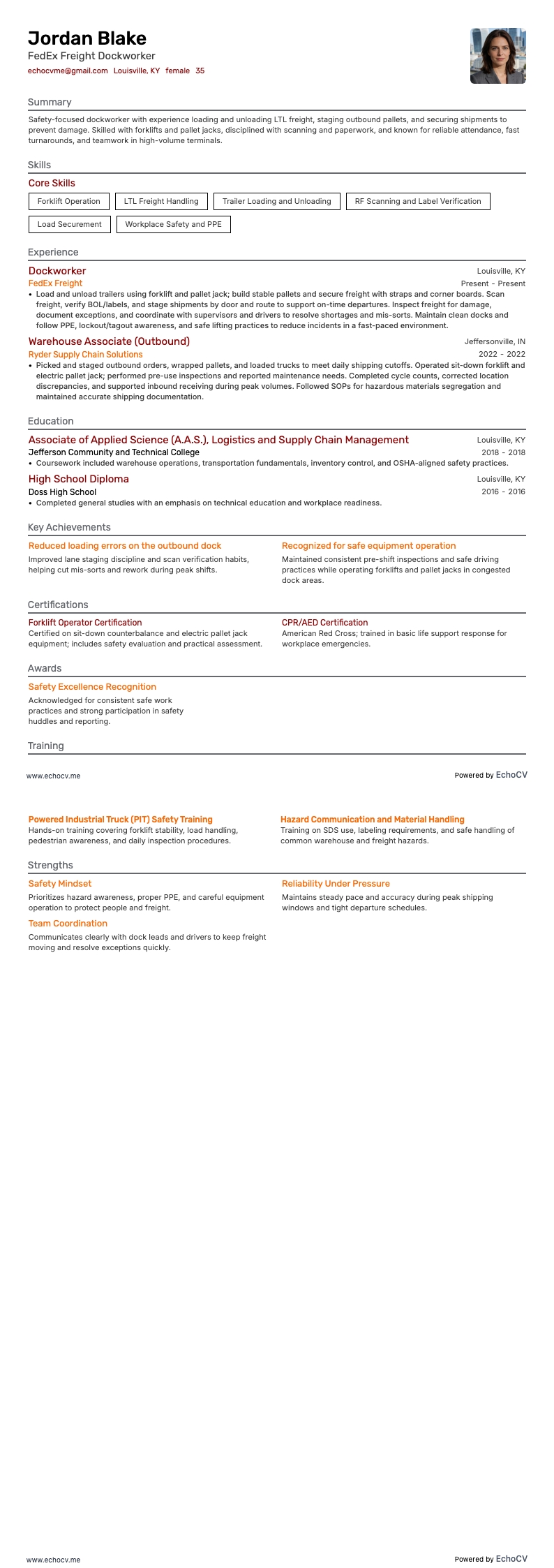 FedEx Freight Dockworker example resume