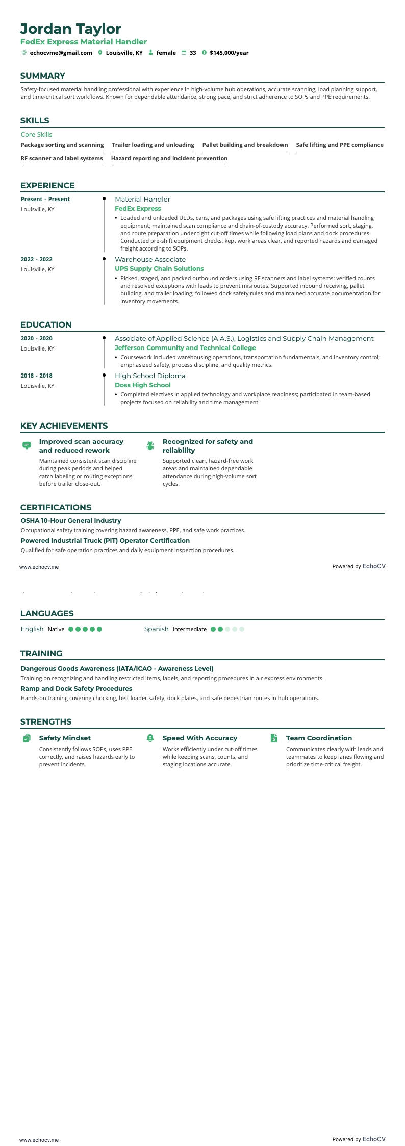 FedEx Express Material Handler example resume