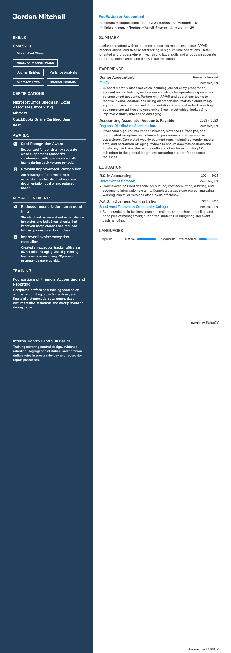 FedEx Junior Accountant example resume