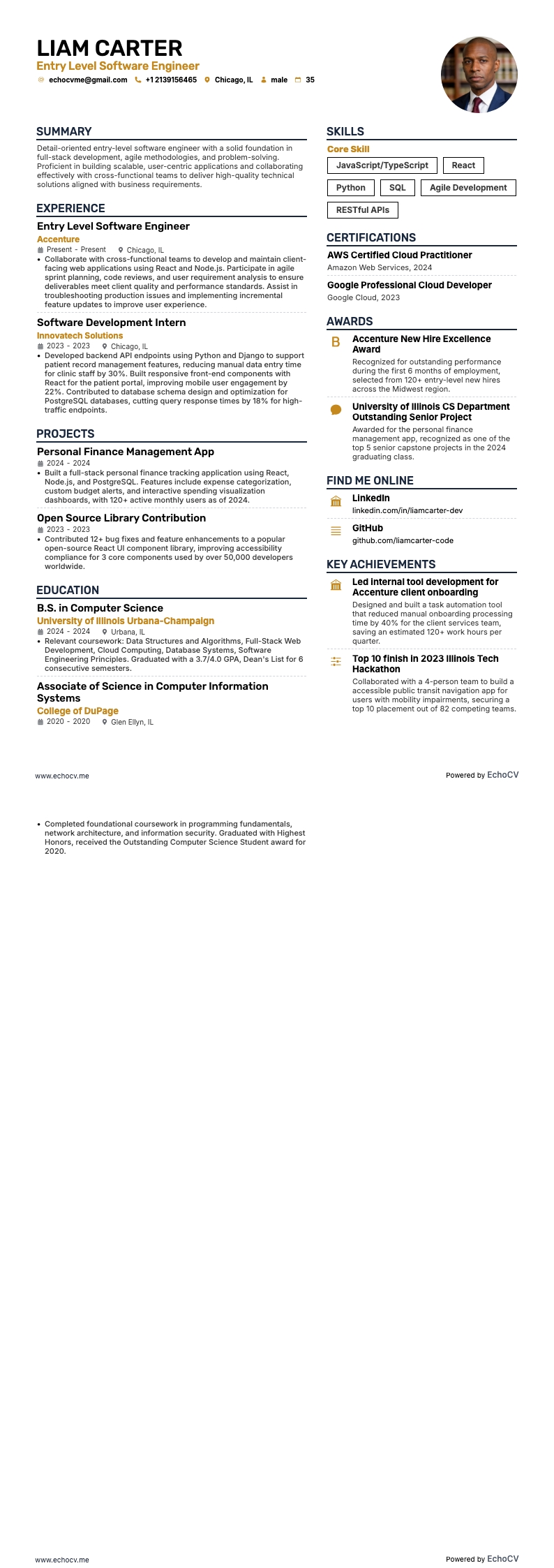 Accenture Entry Level Software Engineer example resume