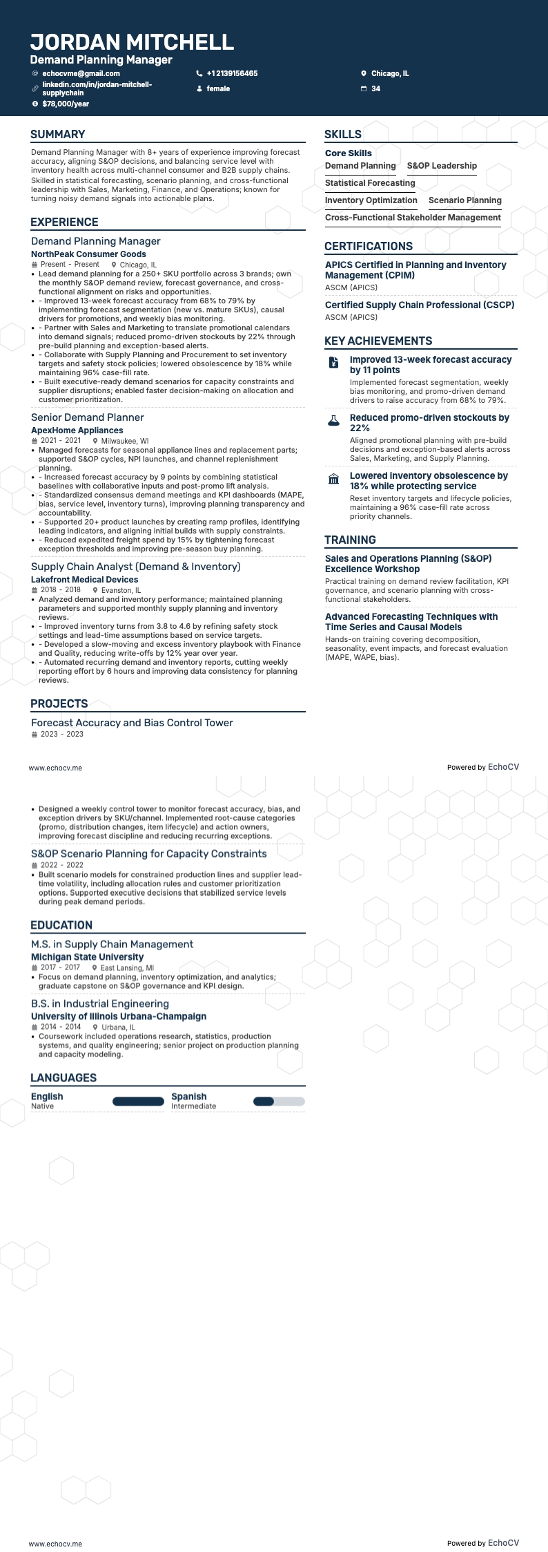 Chef för efterfrågeplanering example resume