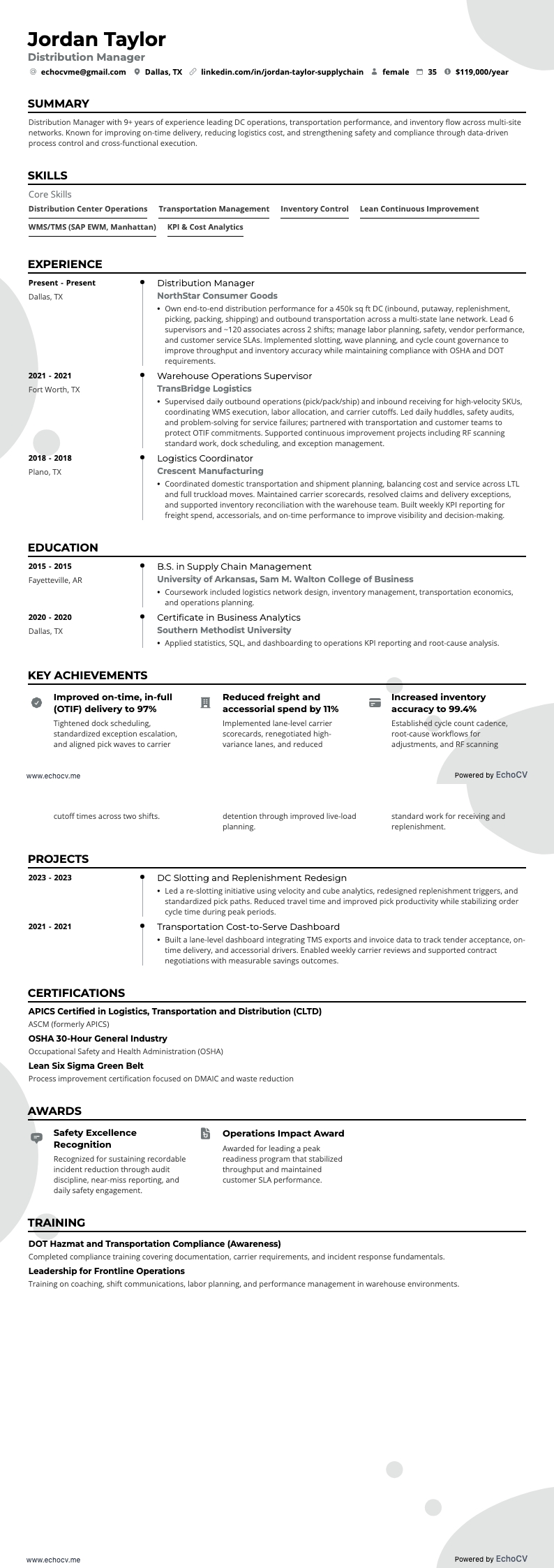 Distributionschef example resume