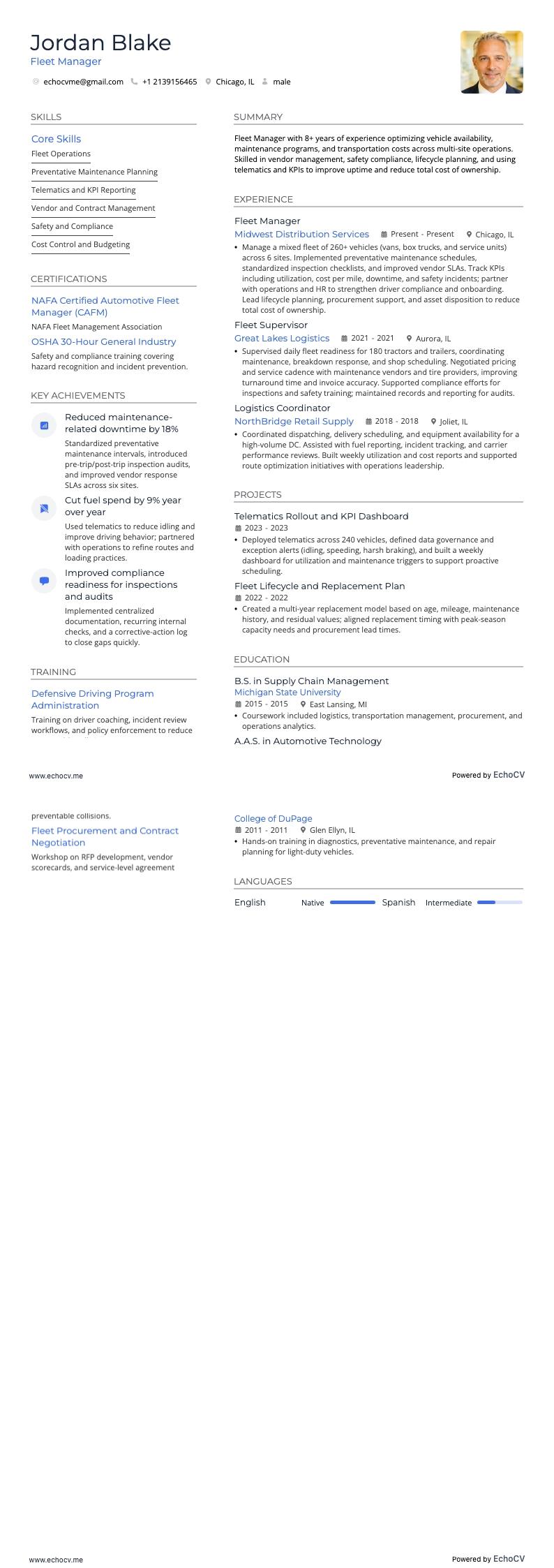 Fleet Manager example resume