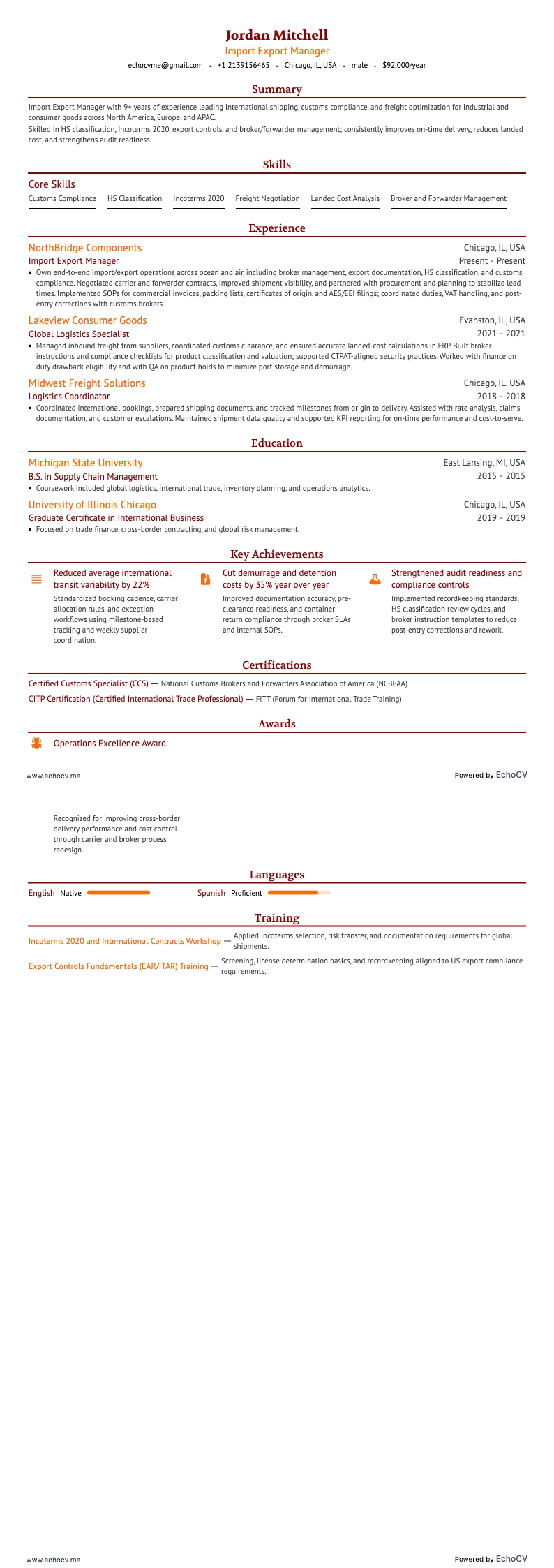 Import- och exportchef example resume