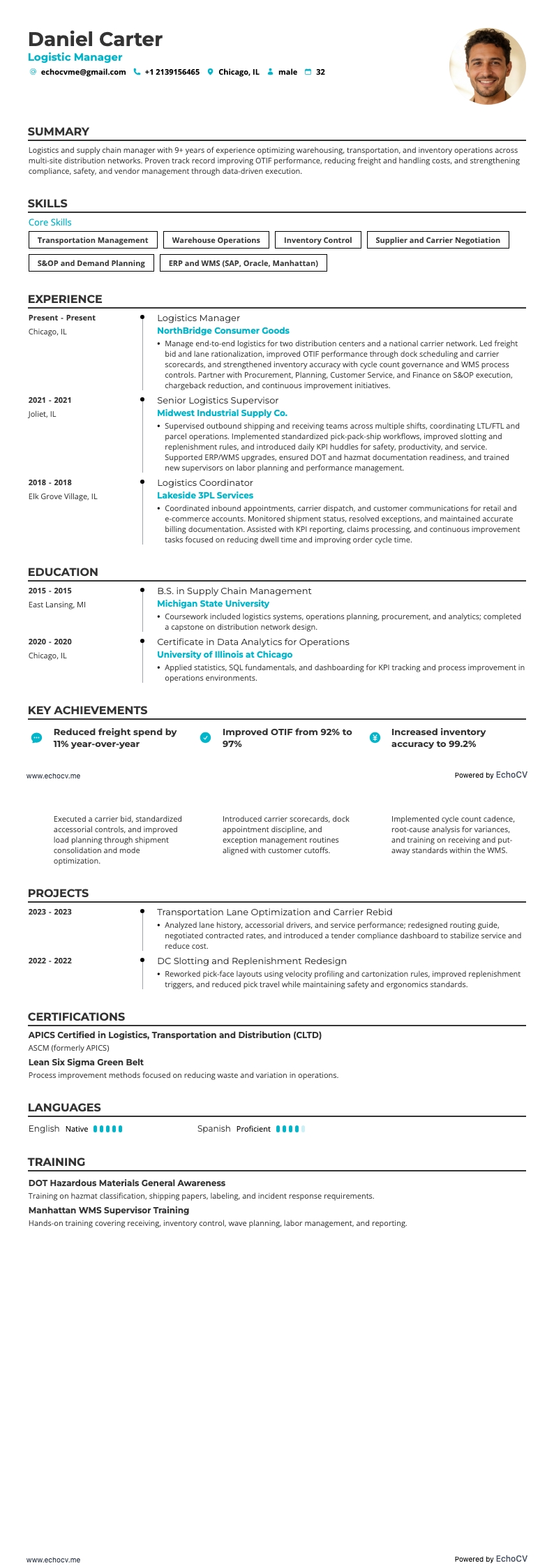 Logistikchef example resume