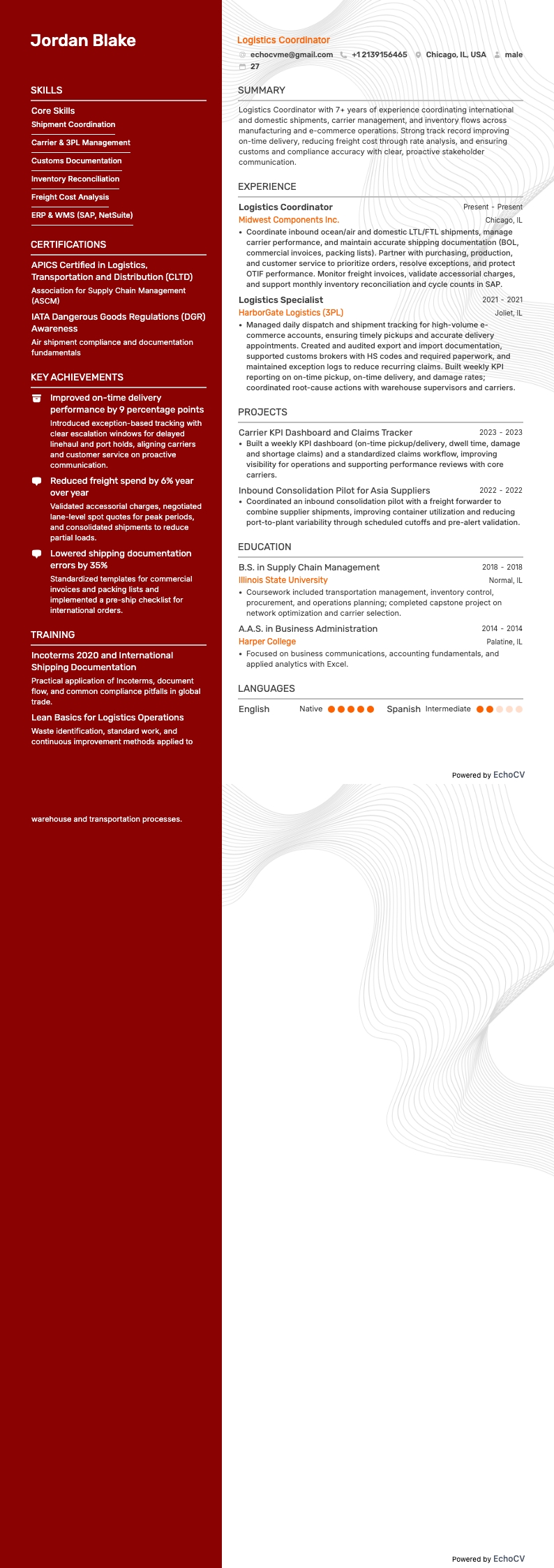 Logistikkoordinator example resume