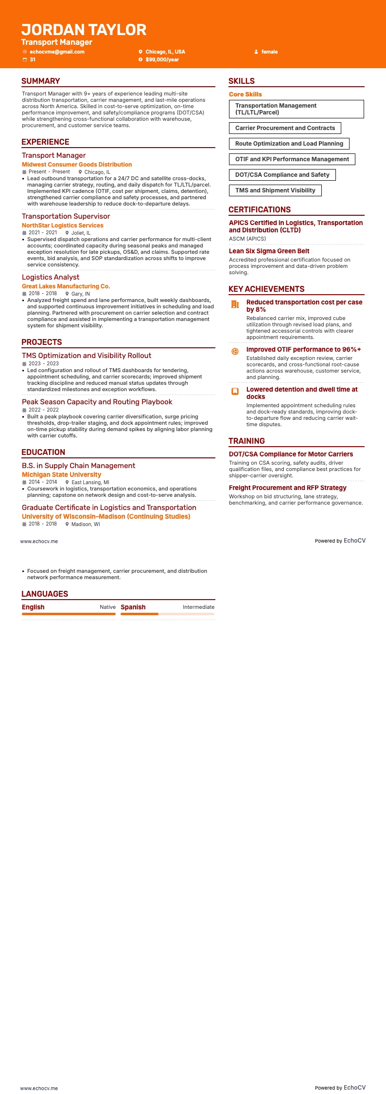 Transportchef example resume