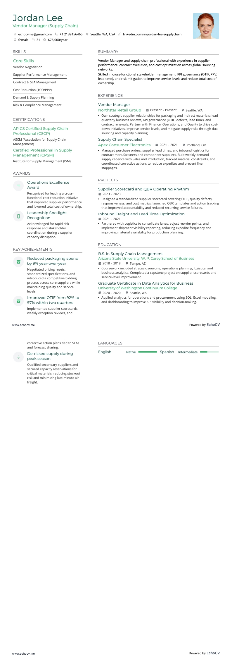 Leverantörsansvarig example resume