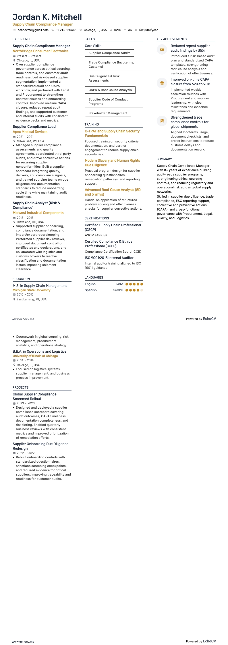 Chef för regelefterlevnad i leveranskedjan example resume