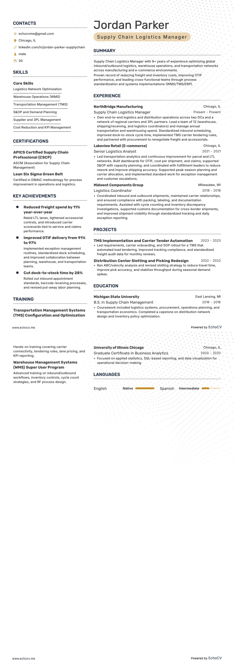 Logistikchef inom försörjningskedjan example resume