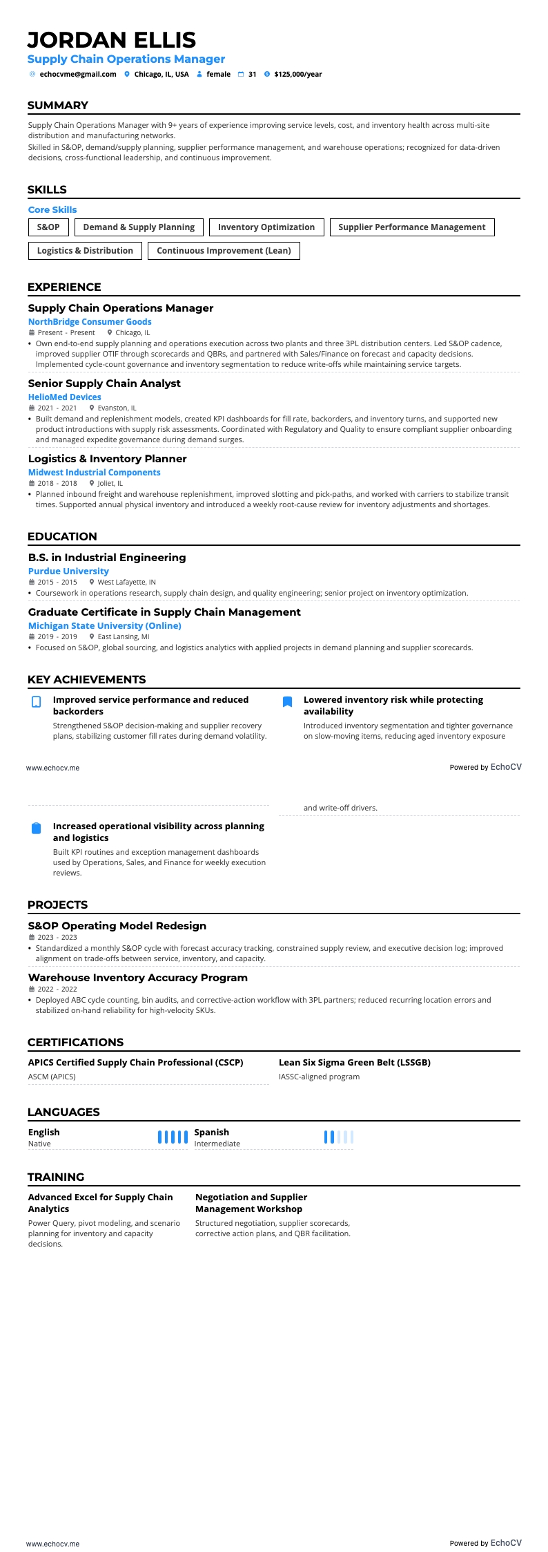 Chef för supply chain-verksamhet example resume