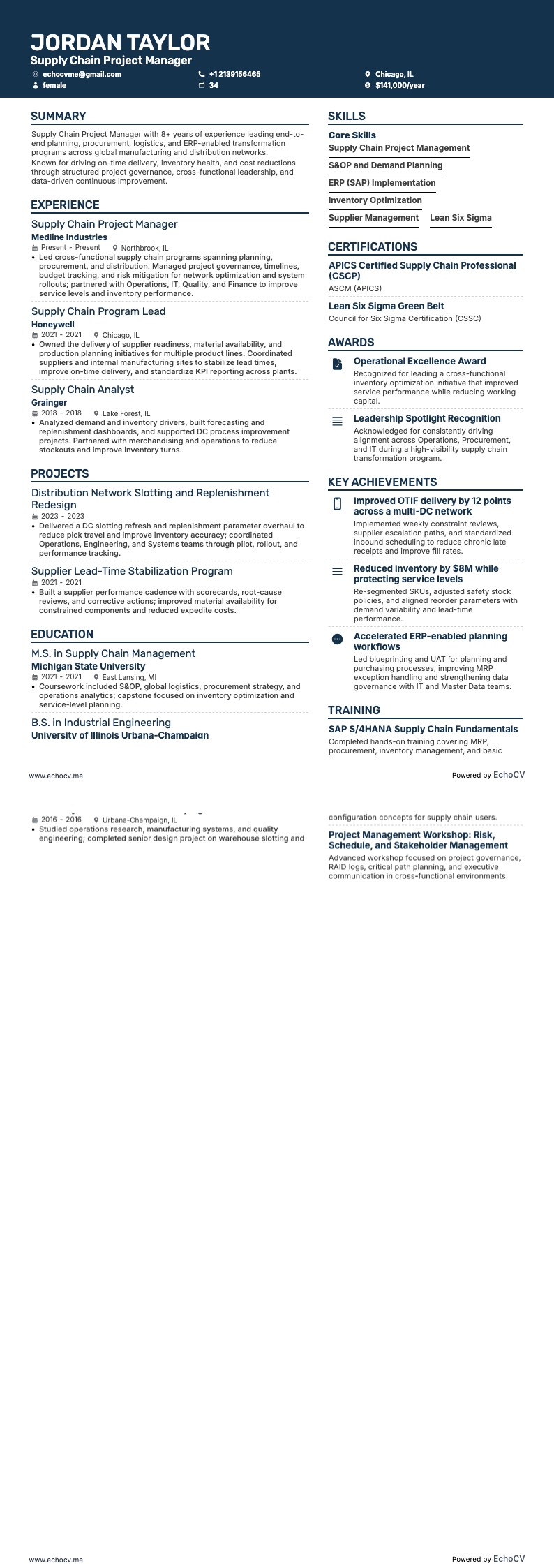 Projektledare inom försörjningskedjan example resume