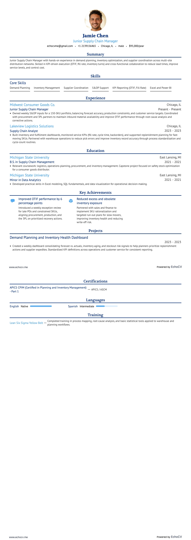 Junior Supply Chain Manager example resume