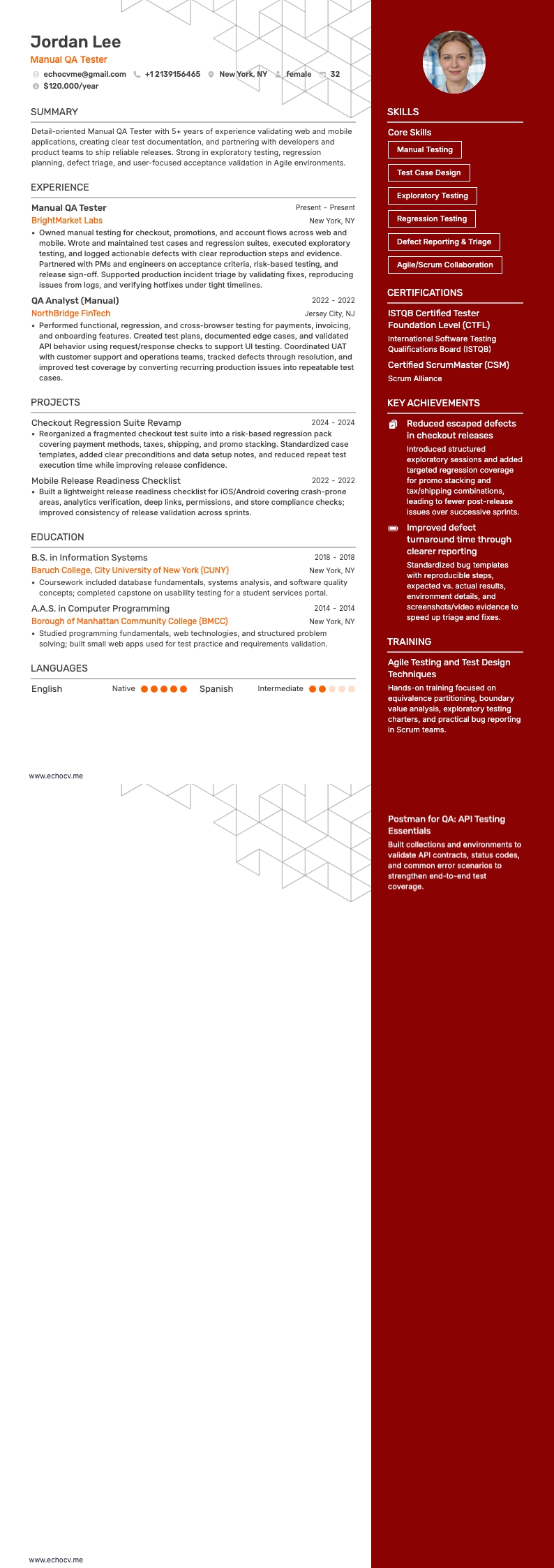 手动QA测试员 example resume