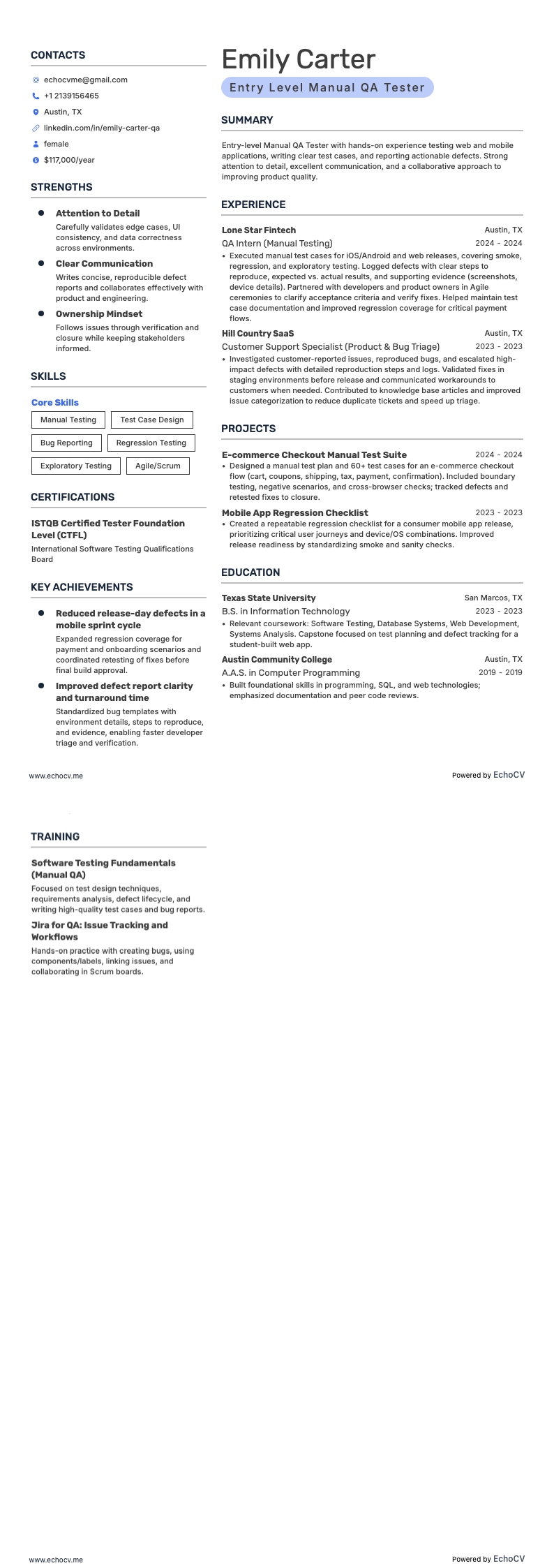 初级手动QA测试员 example resume