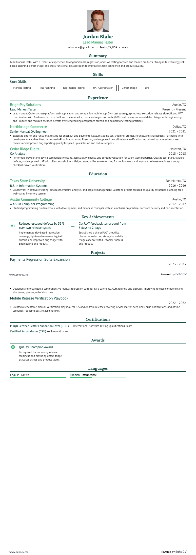 手动测试主管 example resume