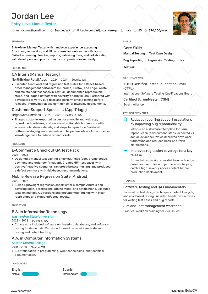 初级手动测试员 example resume