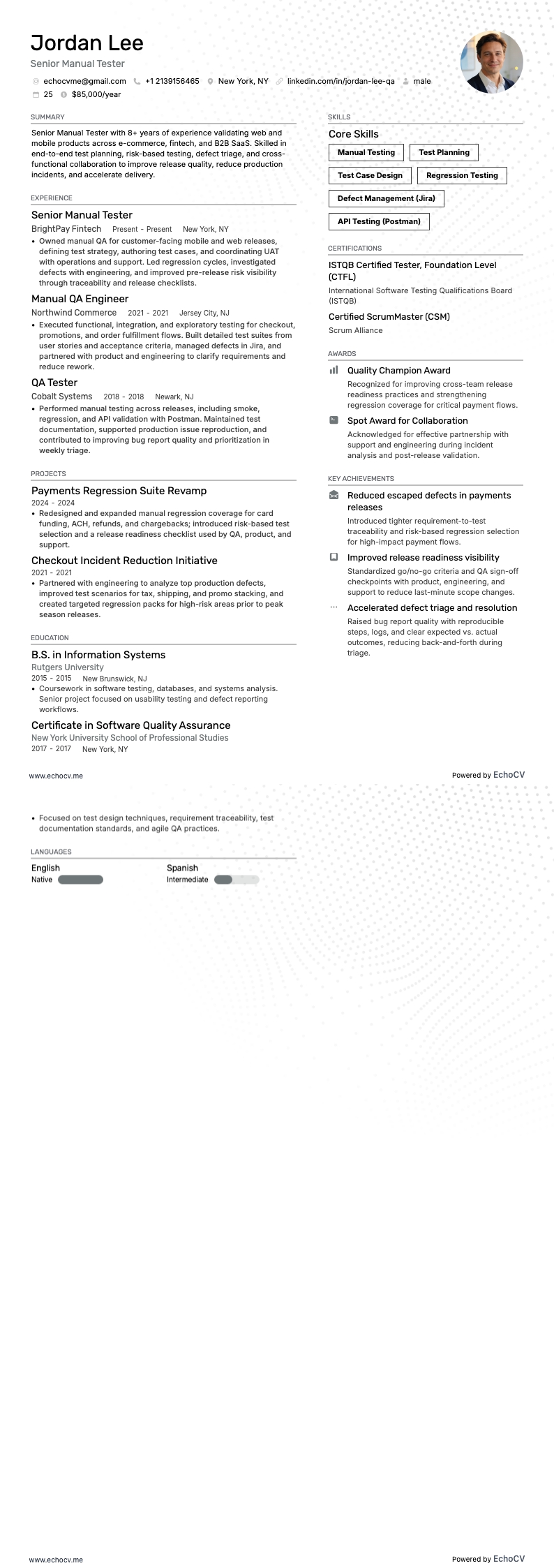 高级手动测试员 example resume