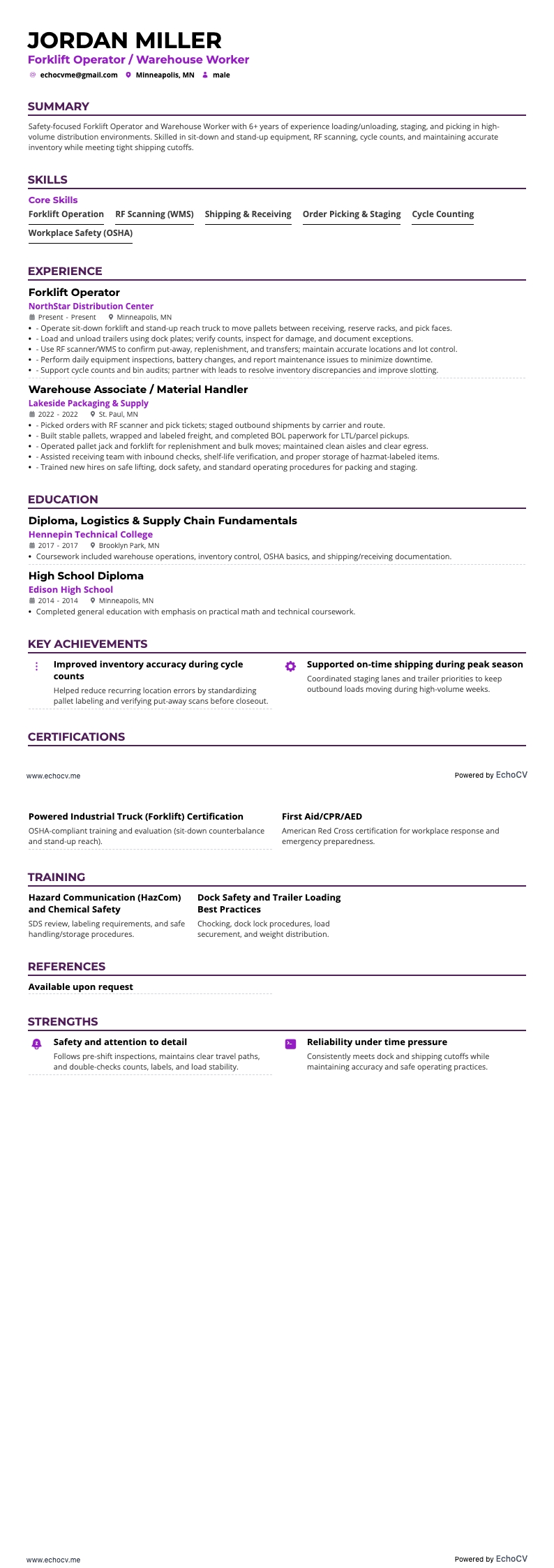 Forklift Operator example resume