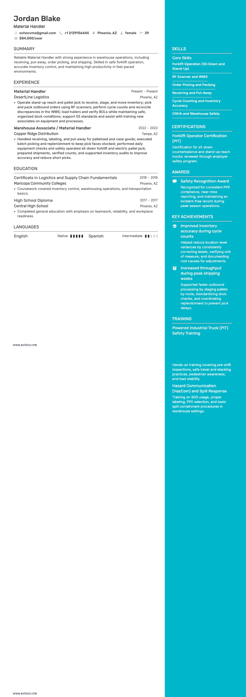 Material Handler example resume