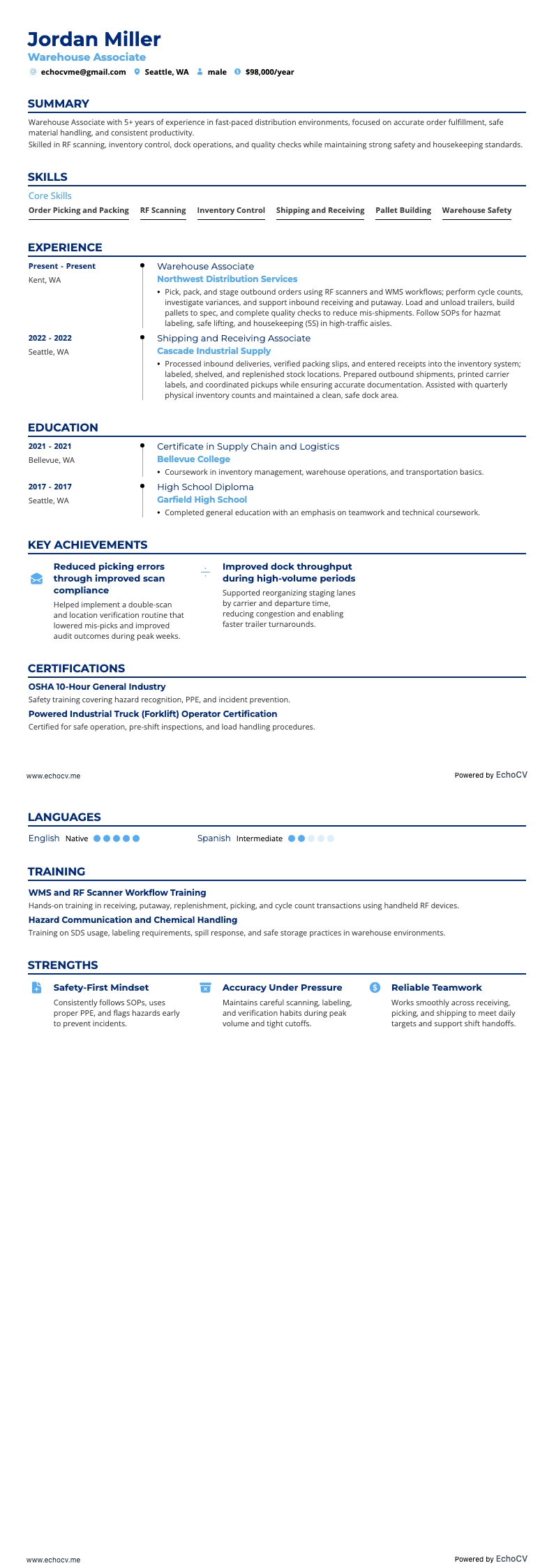 Warehouse Associate example resume