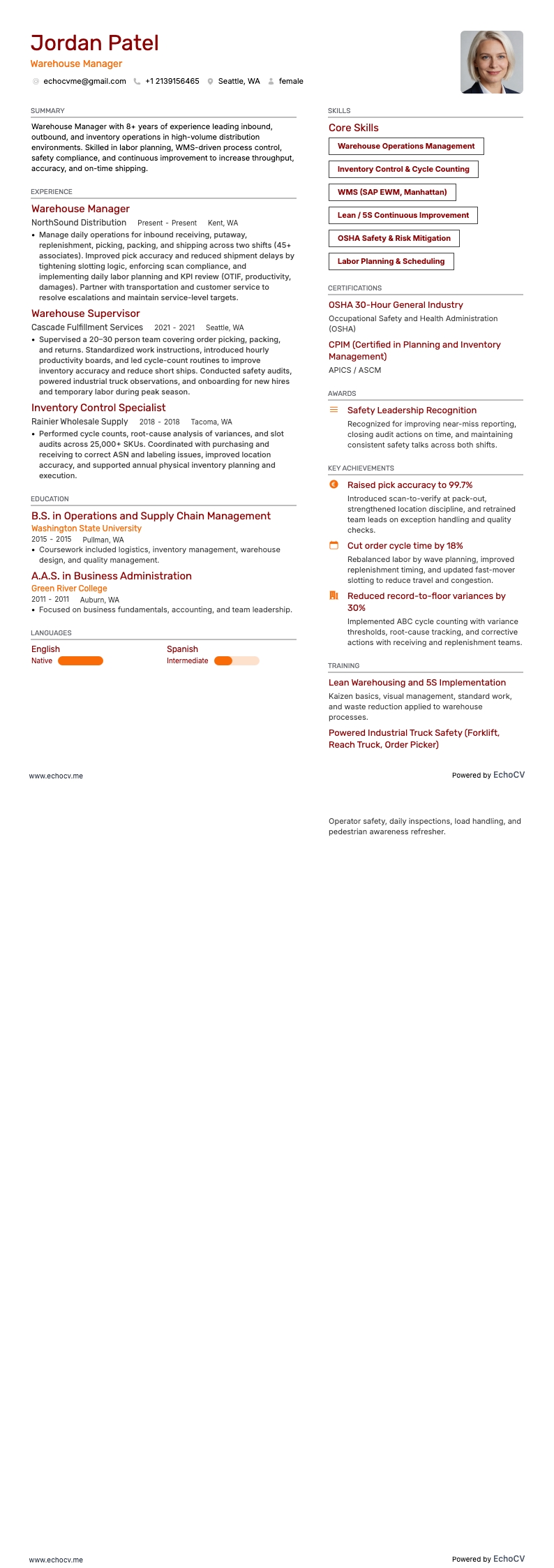 Warehouse Manager example resume