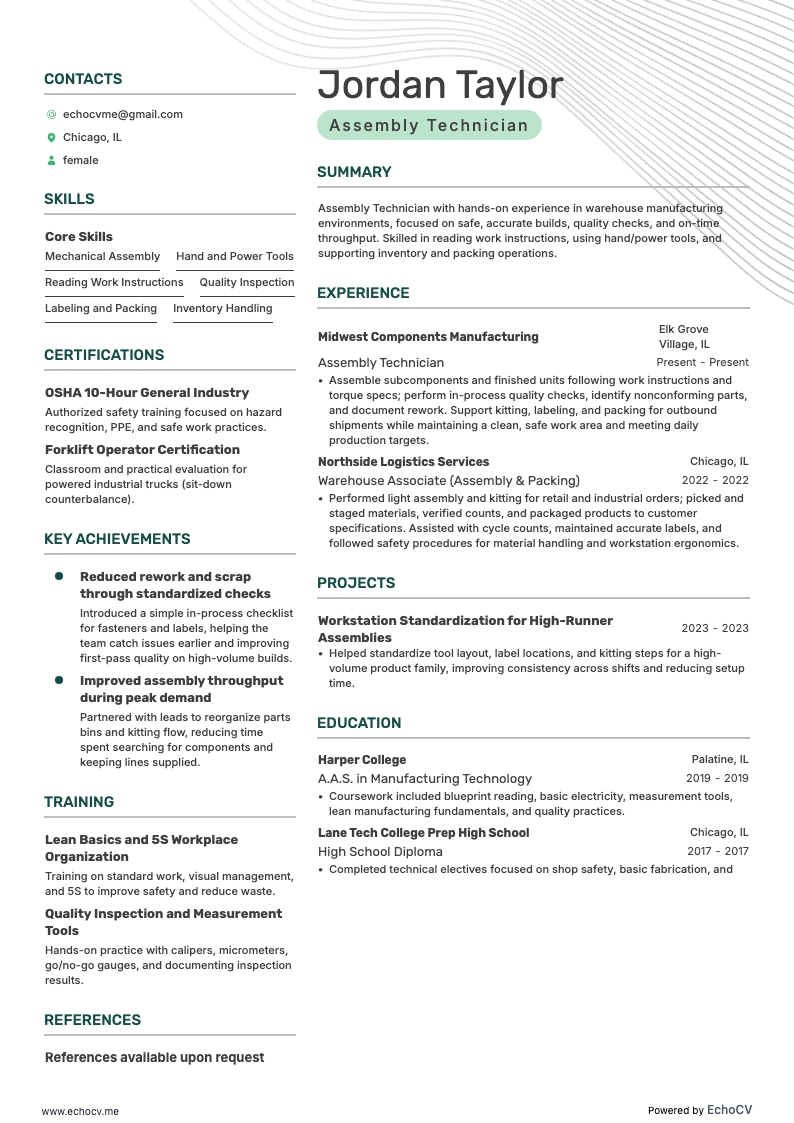 Assembly Technician example resume