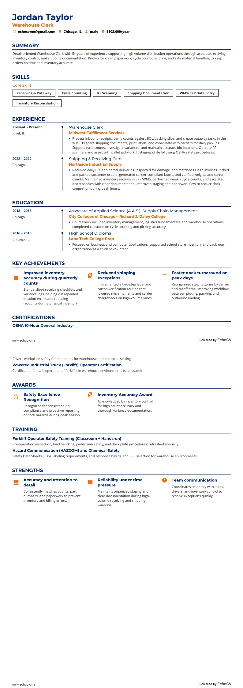 Warehouse Clerk example resume