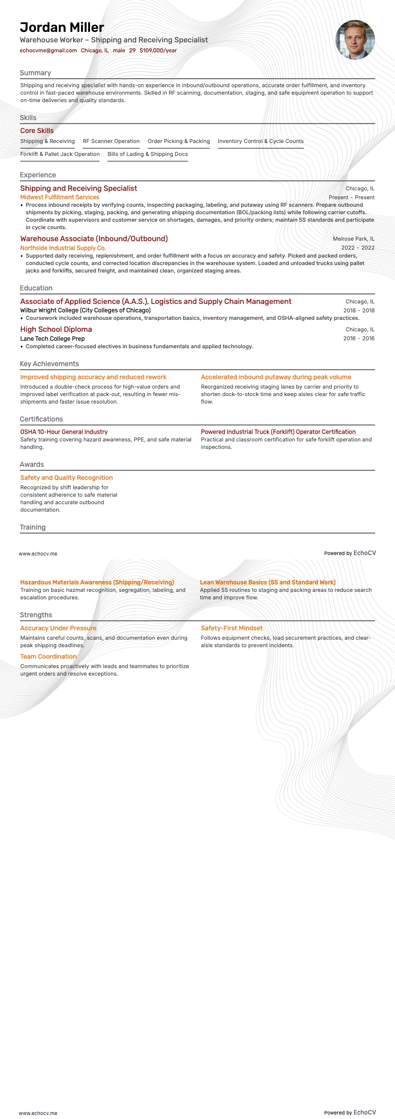 Warehouse Worker – Shipping and Receiving Specialist example resume