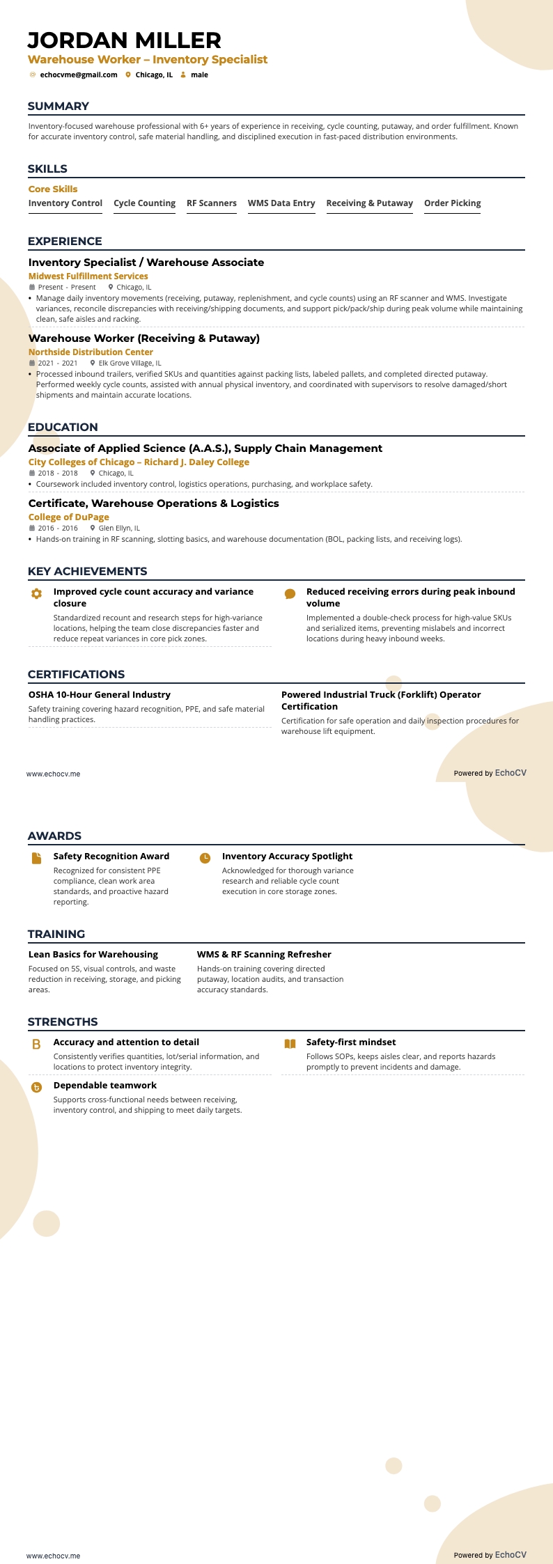Warehouse Worker – Inventory Specialist example resume