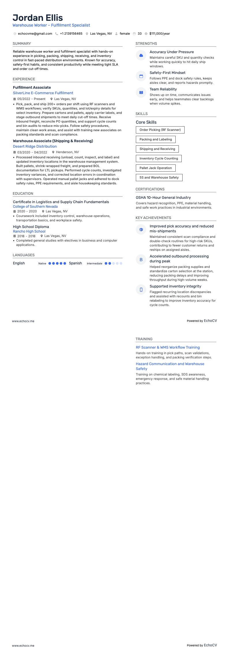 Warehouse Worker – Fulfillment Specialist example resume