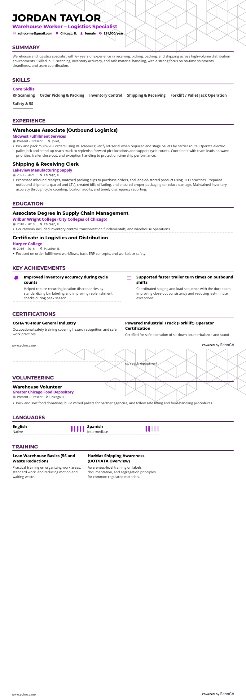 Warehouse Worker – Logistics Specialist example resume