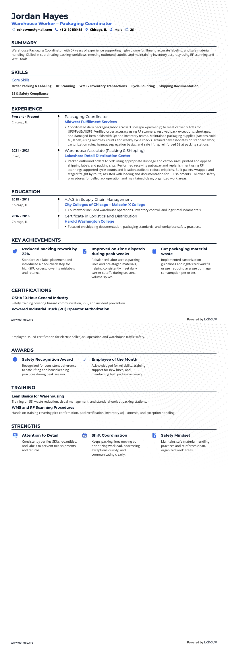 Warehouse Worker – Packaging Coordinator example resume