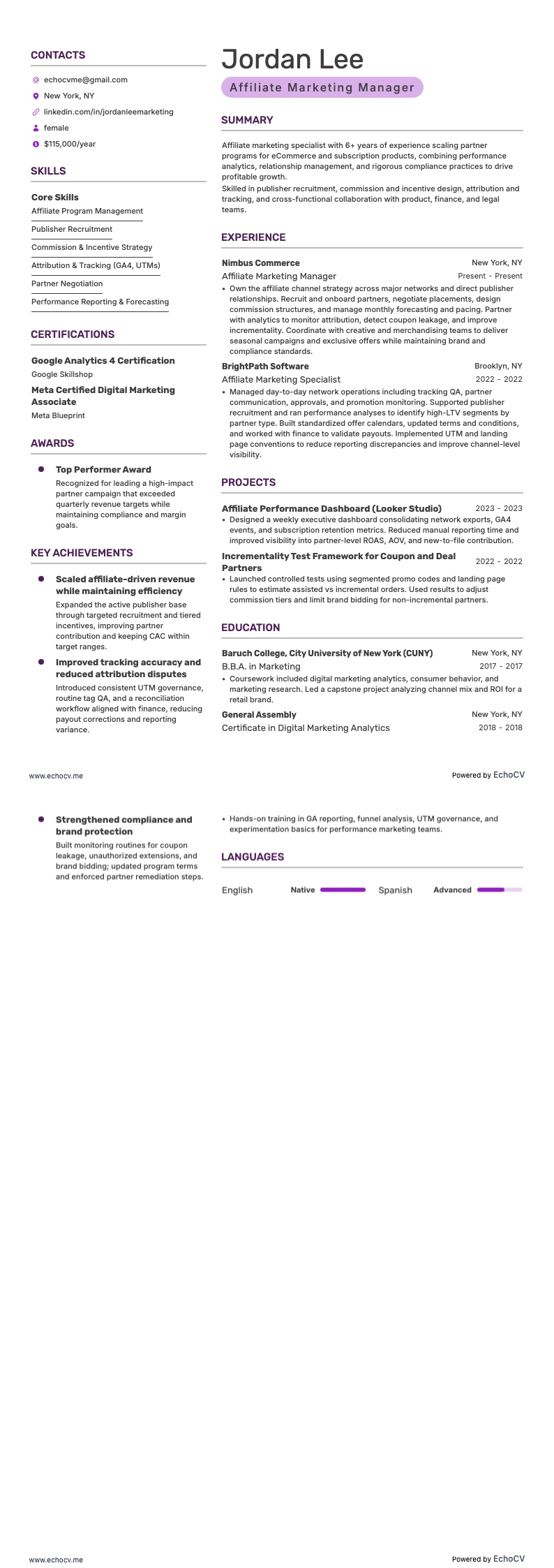 Affiliate marketing example resume