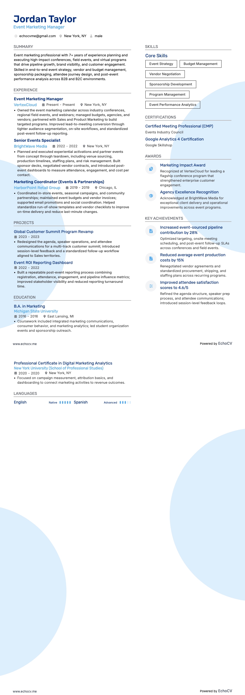 Evenementenmarketing example resume